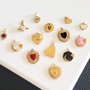 14 Styles! Gold Heart Pendant, Heart Charm Medallion Disc Red Black Pink White Heart Necklace for Permanent Jewelry Bracelet Stainless Steel
