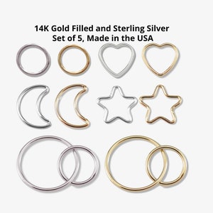 Set of 5 Connectors for Permanent Jewelry, 14kt Gold Filled 925 Sterling Silver, Wire Heart, Star, Moon, Circle, Permanent Jewelry Supplies