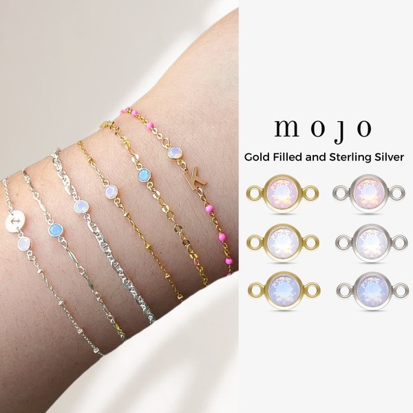 Gold Filled, Sterling Silver Birthstone Connector Top Quality CZ 4mm Pink White Opal and Blue Moonstone Bracelet Charms Permanent Jewelry