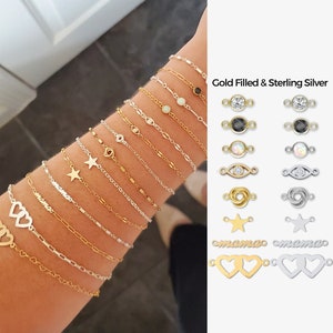 9つのスタイル！ゴールドフィルドまたはスターリングシルバーの永久ジュエリー用コネクター。ブレスレット、ネックレス、重ね付け用チャーム、ハート、クロス、スター、ママ誕生石