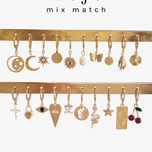 20 Styles Mix Match Gold Hoop Collection Huggie Hoops W Earring Charms Sun Moon Evil Eye Snake Pearl Heart Star Opal Cross Butterfly Coin