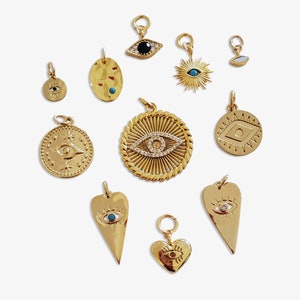 NEW STYLES! 10 Evil Eye Charm Designs Protection Coin Greek Heart Tag Bar Charm Jewelry Gold Silver Pendant Necklace Earrings Medallion