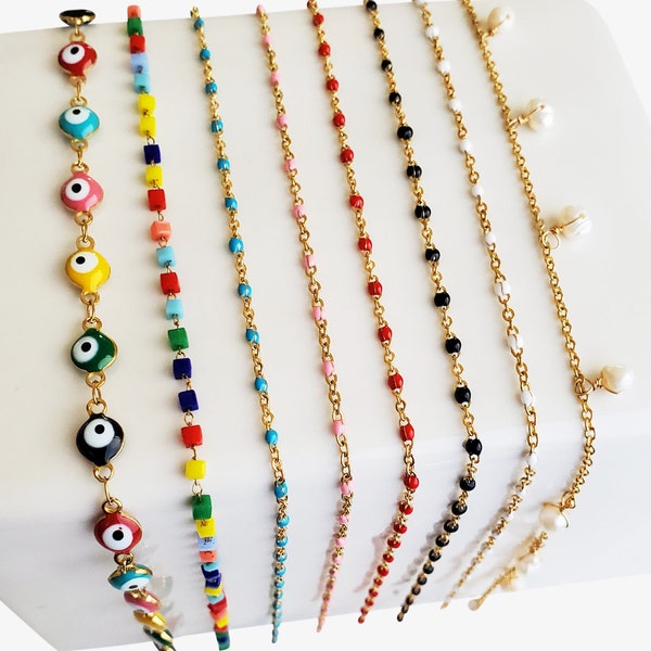 4 Styles! Colorful Beaded Chain By The Foot Gold UNFINISHED CHAIN Freshwater Pearls Enamel Glass Beads White Blue Red Pink Black Evil Eye