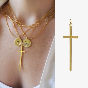 Slide-On Long Gold Cross Pendant 14K Gold Sterling Silver Tall Skinny Cross Charm Simple Cross Necklace Earring Charms USA NENA