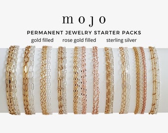 Permanent Jewelry Starter Pack Gold and Rose Gold Filled Sterling Silver Chain By The Foot Sunburst Sequin Beaded Bar Figaro Paperclip Heart