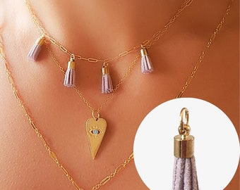 Tiny Tassel Pendant Gold Suede Leather Lavender Neutral Necklace Charm Dangle Drop Earring Findings Purple Amethyst Gray Jewelry MICAH