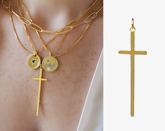 Ciondolo a forma di croce in oro lungo scorrevole in argento sterling in oro 14 carati con ciondolo a croce alto e sottile con ciondolo a forma di croce semplice per orecchini USA NENA