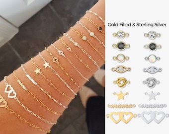 7 Styles! Gold Filled or Sterling Silver Connectors For Permanent Jewelry Bracelet Necklace Layering Charm Heart Cross Star Mama Birthstone