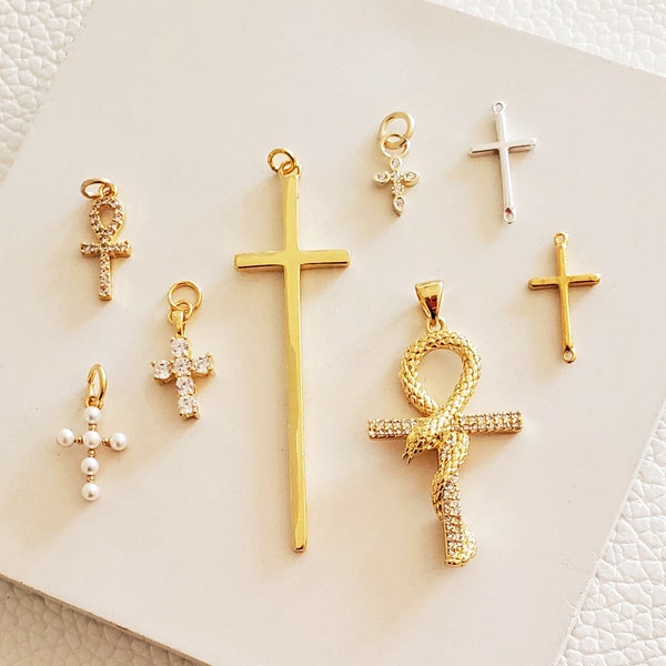 7 Styles Cross Pendant Gold Cross Sterling Silver Dainty Pearl Sideways Cross Ankh Cross Snake Cross Long Cross Religious Necklace Charm USA