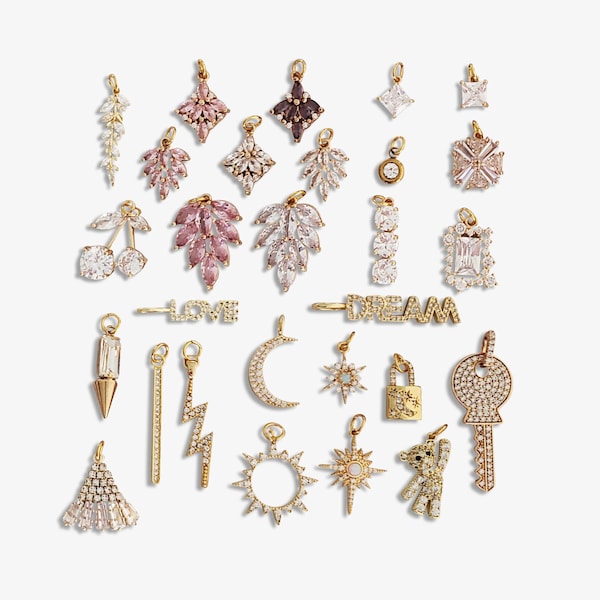 23 Styles! Gold CZ Necklace Pendants Cubic Zirconia Charm Love Cherry Key Bear Leaf Flower Star Sun Moon Rectangle Triangle Pink Purple Opal