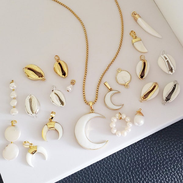 As seen MARTHA STEWART LIVING Mag Pearl Shell Collection Seashell Pendant Connector Moon Freshwater Pearl Double Horn Necklace Jewelry