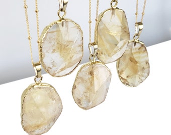 Slide-On Citrine Crystal Pendant Yellow Clear White Gold Crystal Charm Healing Jewelry Essential Oils Layered Necklace Natural Stone BRANDIE