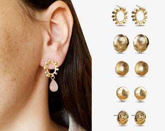 5 Styles Gold Earring Findings Matte Gold Studs Premium Quality Earrings Sterling Silver Post for Sensitive Hypoallergenic Ears Round USA