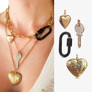 4 Styles Gold Slide-On Collection Heart Locket Diamond CZ Key Black Screw Carabiner Thick Chunky Star Lock Pendant Earrings Necklace Jewelry