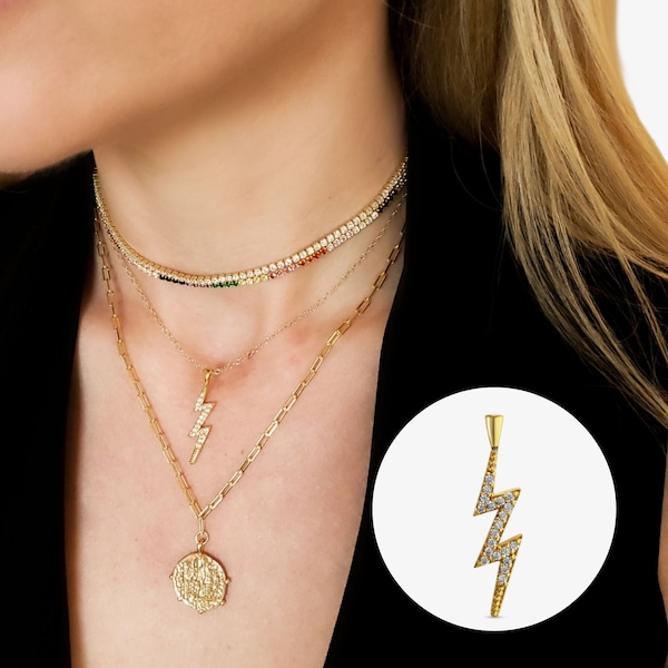 Slide-On Lightning Bolt Charm Gold Diamond CZ Micro Pave Pendant Bold Thunder Jewelry Layered Necklace Layering Necklace Celestial Star VAL