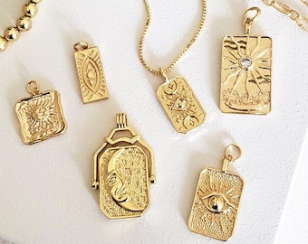 6 STYLES! Gold Tarot Card Necklace Pendant Collection Evil Eye Charm Sun Moon Star Protection Pendants Tag Bar Square Rectangle Jewelry Gift