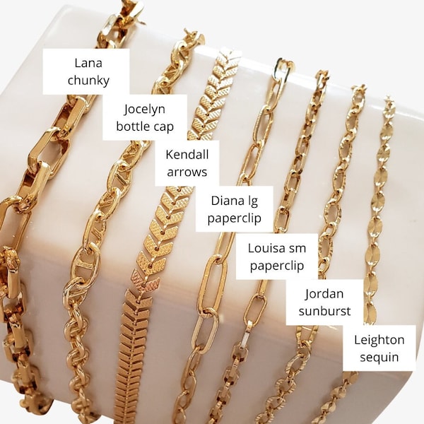 7 Styles Gold Necklaces Choose Length Choker Necklace 14in 16in 18in 20in Cable Sequin Bottlecap Chunky Paperclip Sunburst Arrows 14 16 20