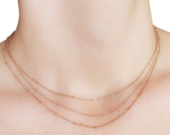 14K Rose Gold Filled Finished Necklace 16in 16 Inch Dainty Tiny Cable Chain Beaded Satellite Bead Curb Necklaces Spring Ring Clasp USA