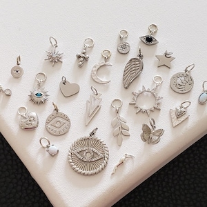 NEW! Silver Charms, Sterling Silver, Rhodium Add On Necklace Pendant Evil Eye Coin Butterfly Angel Wing Cross Heart Opal Star Moon Celestial