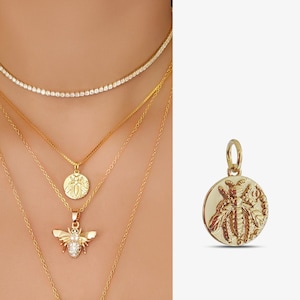 Gold Biene Münze Anhänger Gold Bienenkönigin Halskette Anhänger Kleine Honigbiene Münze Charm Halskette Insekte Halskette Bettelarmband ALONDRA