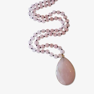 Rose Quartz Knotted Long Beaded Necklace Natural Stone Necklace 32 In Long Pink Crystal Necklace Organic Healing Jewelry Boho WHITLEY