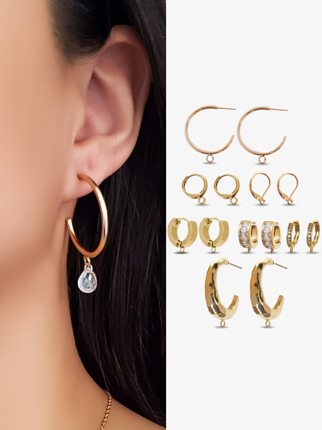 7 Styles! Gold Hoop Earring Findings, Hoops With Loops, CZ