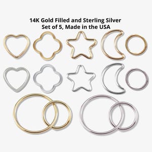 Set of 5 Connectors for Permanent Jewelry, 14kt Gold Filled 925 Sterling Silver, Wire Heart, Star, Moon, Circle, Clover, Flower Supplies