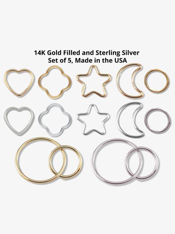 Set of 5 Connectors for Permanent Jewelry, 14kt Gold Filled 925 Sterling Silver, Wire Heart, Star, Moon, Circle, Clover, Flower Supplies