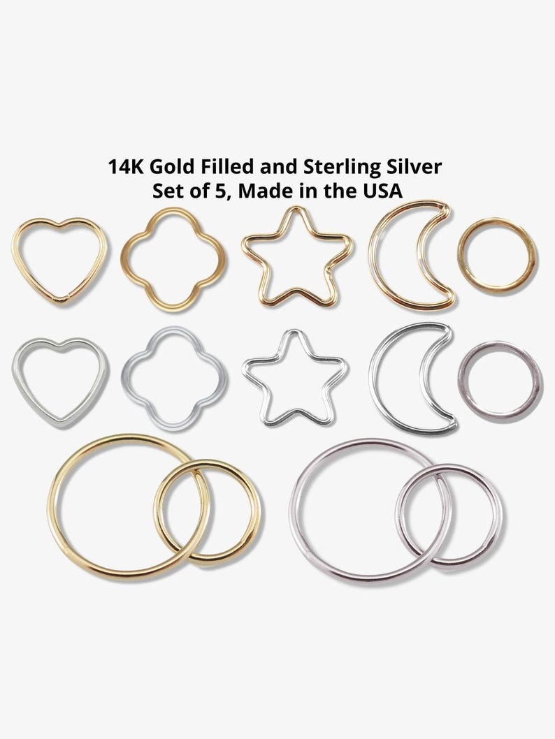 May include: Set of 10 hoop earrings in gold filled and sterling silver. The set includes five different shapes: heart, clover, star, crescent moon, and circle.  14K Gold Filled and Sterling Silver Set of 5, Made in the USA