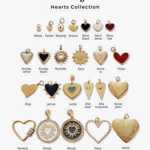May include: A collection of gold heart-shaped charms with various designs, including a sunburst, a diamond, an eye, and a plain heart. The charms are arranged in a grid pattern on a white background. The text "mojo Hearts Collection" is displayed at the top of the image.