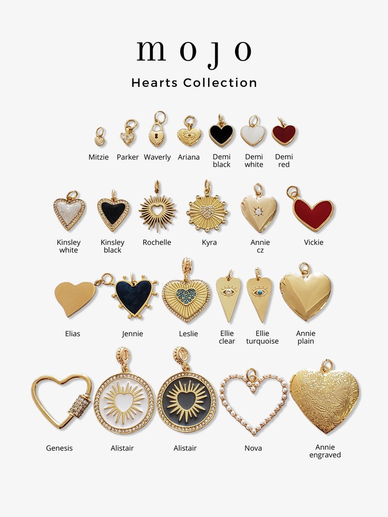 May include: A collection of gold heart-shaped charms with various designs, including a sunburst, a diamond, an eye, and a plain heart. The charms are arranged in a grid pattern on a white background. The text "mojo Hearts Collection" is displayed at the top of the image.