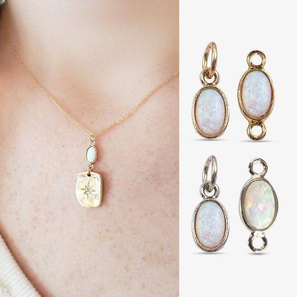 Silver or Gold! White Opal Connector or Pendant Tiny Simple Opal Charm Celestial Wedding Jewelry Necklace Earrings Bracelet Findings LIVA