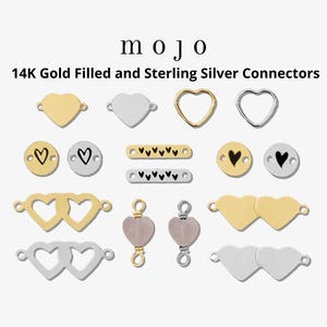 May include: A collection of 14K gold filled and sterling silver heart-shaped connectors for jewelry making. The connectors come in a variety of styles, including solid hearts, open hearts, double hearts, and hearts with small hearts engraved on them.