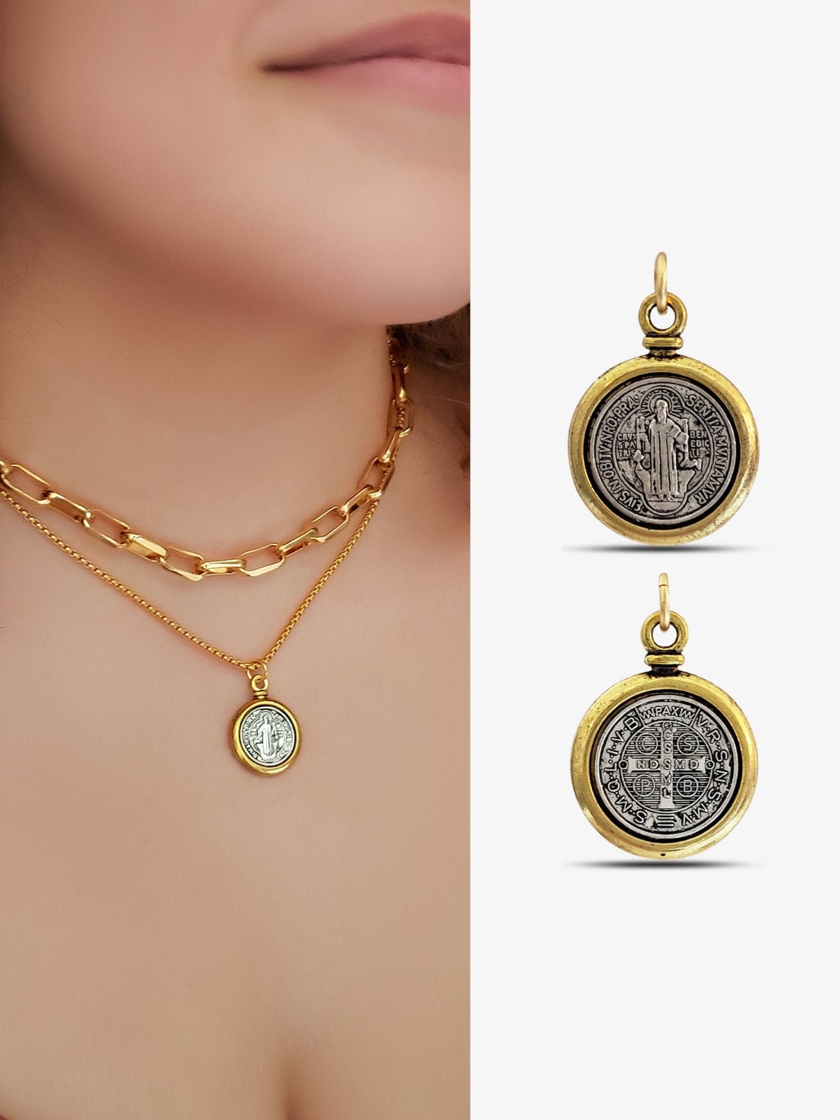 Slide-on Double Sided Gold & Silver Coin Charm Cross Saint