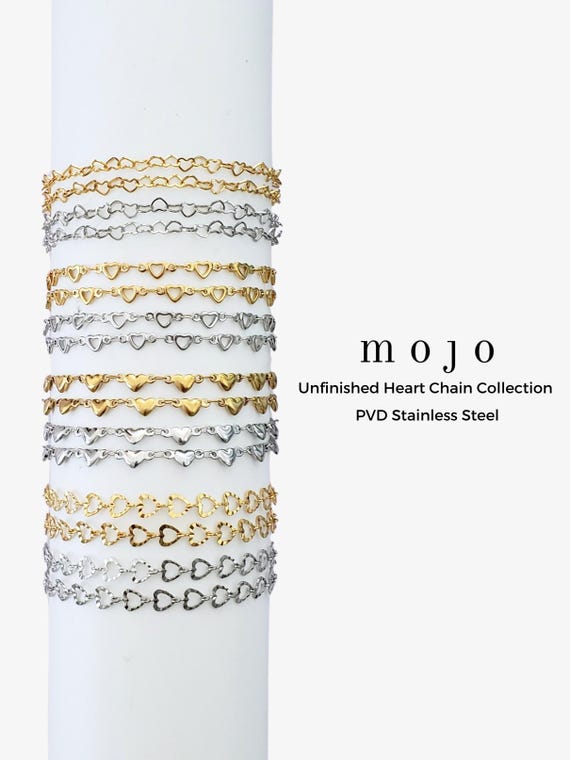 4 Styles! Heart Chains Gold and Silver PVD Plated Stainless Steel for Permanent Jewelry 3mm 4mm Chain by the Foot Bracelet Necklace Hearts