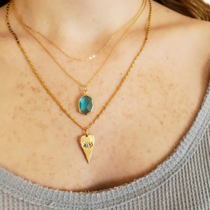May include: Three gold necklaces layered on a person's neck. The top necklace is a delicate chain with a small oval-shaped blue gemstone pendant. The middle necklace is a thicker chain with a heart-shaped pendant featuring a blue eye design. The bottom necklace is a chain with a sparkly, sequin-like texture.