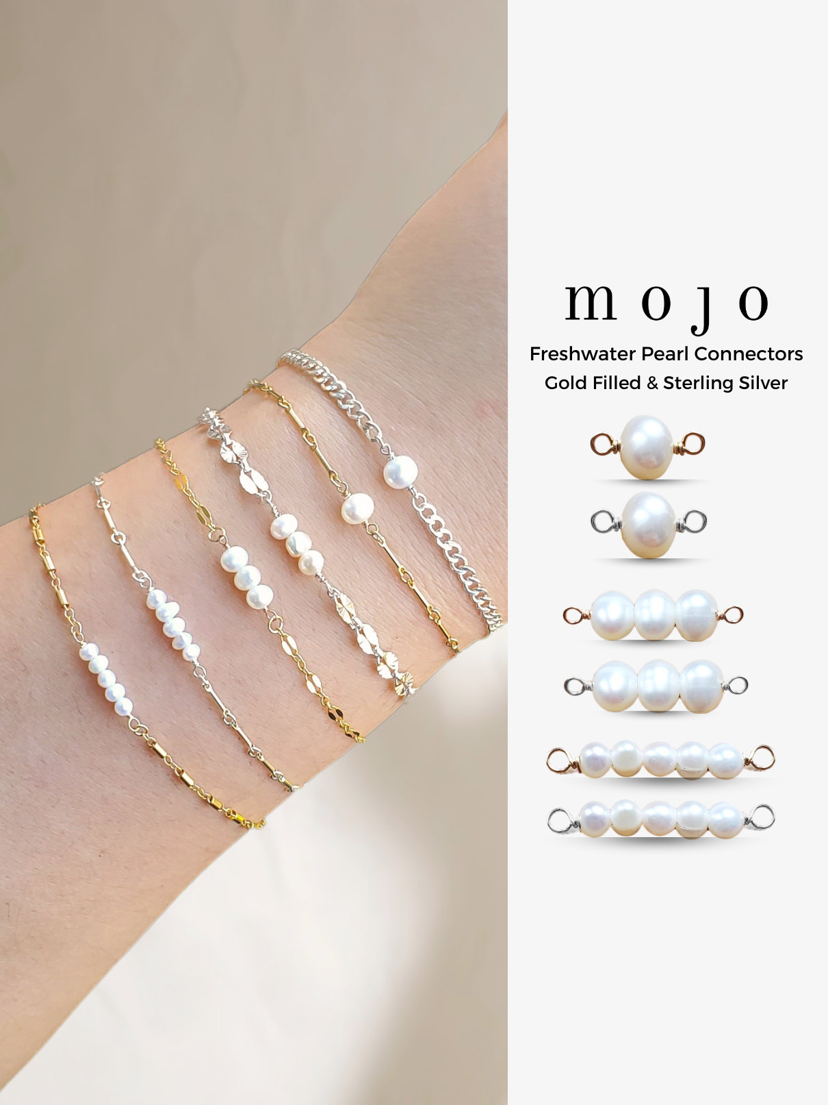Gold Filled, Sterling Silver Pearl Connectors, 3 Styles! Real Freshwater Pearls for Permanent Jewelry Bracelet AAA Quality 3mm 4mm 5mm