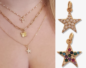 2 kleuren! Gouden CZ Ster Ketting Bedel, Cubic Zirconia Hemelse Ster Charme, Duidelijke CZ Regenboog Ster Gelaagde Oorbel Ketting Armband NATALIA