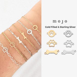 14K Gold Filled, 925 Sterling Silver Paw Print Connectors Bone Charm Connector for Permanent Jewelry Bracelet Necklace Pet Dog Cat Animal