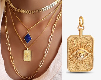 Gold Evil Eye Rectangle Pendant Eye Tarot Card Necklace Good Luck Bar Tag Charm Good Luck Necklaces Protection Textured Jewelry LAINEY