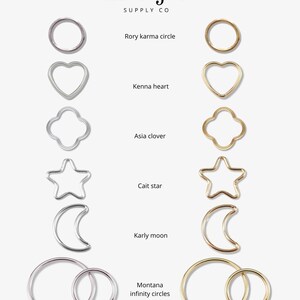 May include: A set of nine gold and silver hoop earrings in various shapes, including a circle, heart, clover, star, crescent moon, and infinity symbol. The earrings are arranged in two columns, with the gold earrings on the right and the silver earrings on the left. The text "mojo SUPPLY CO" is at the top of the image. The text "Rory karma circle", "Kenna heart", "Asia clover", "Cait star", "Karly moon", and "Montana infinity circles" are below each pair of earrings.