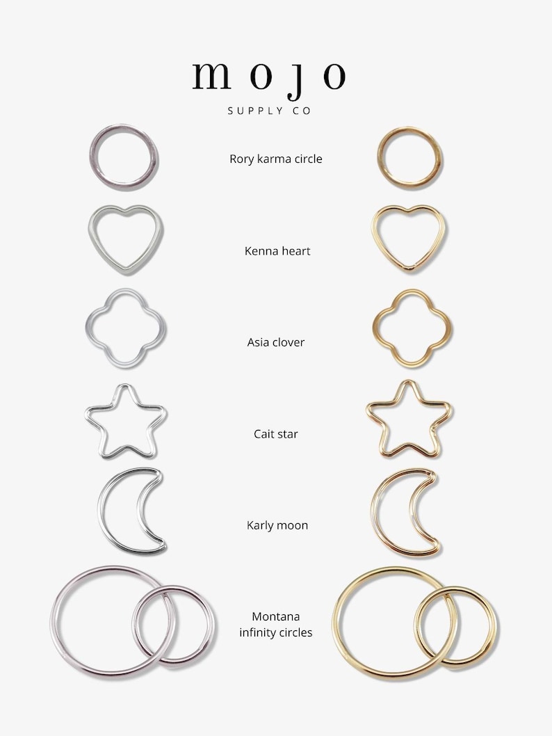 May include: A set of nine gold and silver hoop earrings in various shapes, including a circle, heart, clover, star, crescent moon, and infinity symbol. The earrings are arranged in two columns, with the gold earrings on the right and the silver earrings on the left. The text "mojo SUPPLY CO" is at the top of the image. The text "Rory karma circle", "Kenna heart", "Asia clover", "Cait star", "Karly moon", and "Montana infinity circles" are below each pair of earrings.