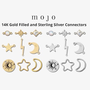 May include: A set of 14K gold filled and sterling silver connectors featuring celestial and geometric designs. The connectors include stars, moons, lightning bolts, sun and moon, and a compass.