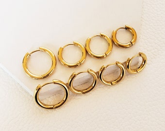 4 Sizes Thick Gold Click Hoops Small Medium Large Stainless Steel Hoop Earrings 10 12 14 16 mm 3mm Thick Classic Hoop Earring DEBORAH