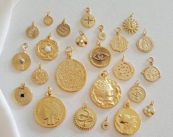 NEW STYLES! 24 Gold Coin Pendants Vintage Greek Layered Necklace Charm Earrings Jewelry Evil Eye Opal Sun Moon Zodiac Compass Bee Medallion