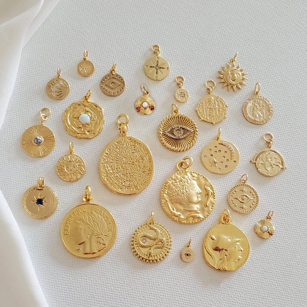 NEW STYLES! 24 Gold Coin Pendants Vintage Greek Layered Necklace Charm Earrings Jewelry Evil Eye Opal Sun Moon Zodiac Compass Bee Medallion