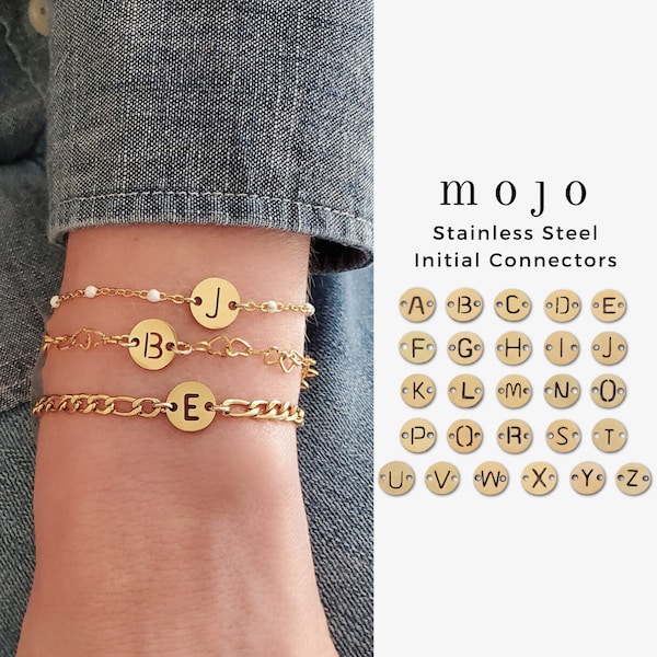 Gold Disc Initial Connector Round Capital Letter Charm for Permanent Jewelry Stainless Steel Bracelet Personalized 9mm Disc Necklace ARLO