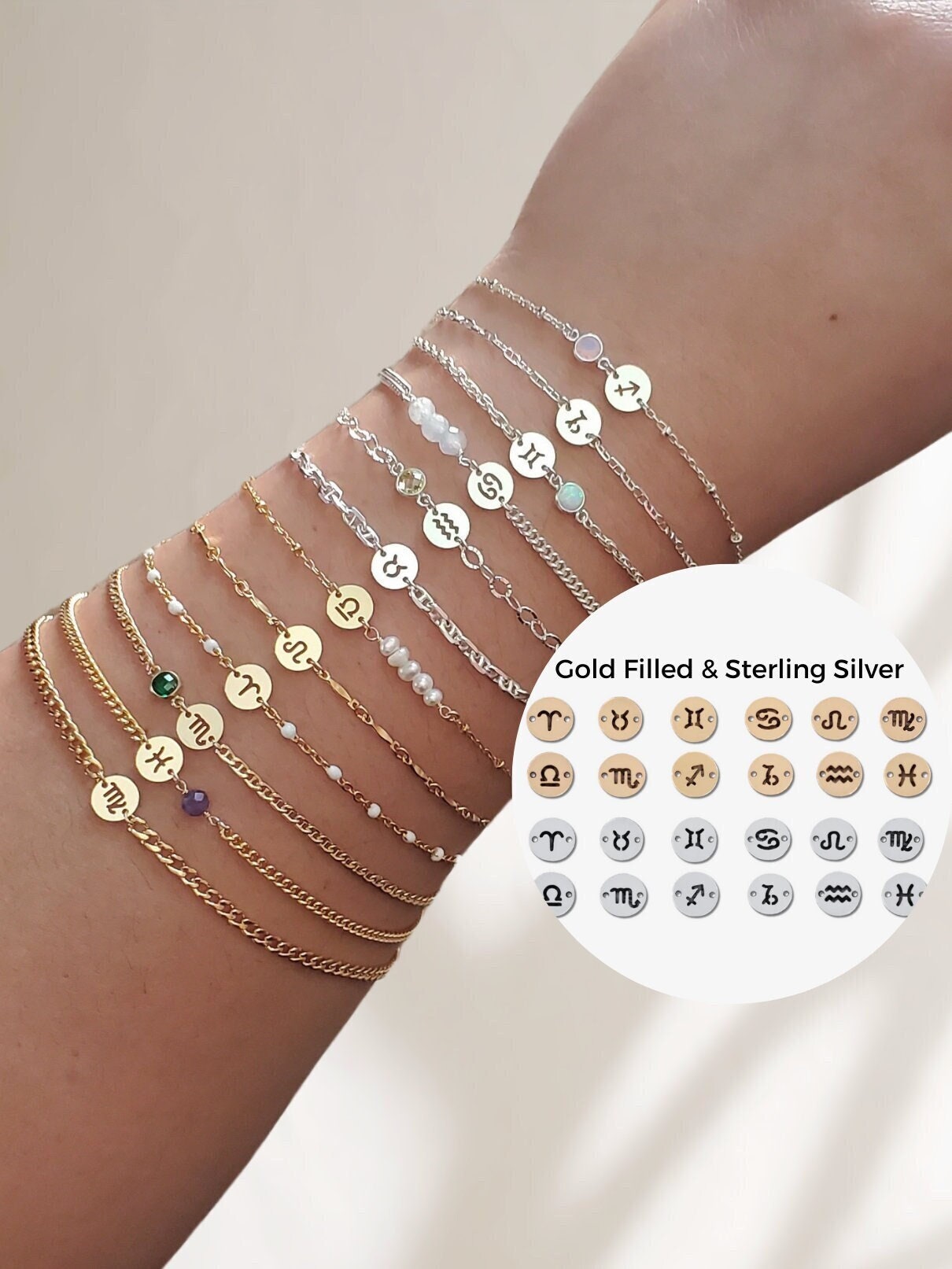 Gold Filled, Sterling Silber Zodiac Connector Disc für Permanent Schmuck, Symbol Horoskop astrologische Charm Connectors für Armband USA