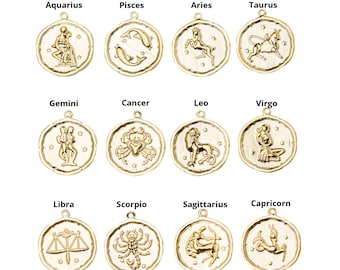 Zodiac Pendant 16K Gold Plated Brass Charm Aries Libra Taurus Scorpio Gemini Sagittarius Cancer Capricorn Leo Aquarius Virgo Pisces RENEE