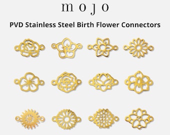 Gold Birth Flower Connector PVD Stainless Steel Birth Flower Bracelet Necklace Birthstone Connectors for Permanent Jewelry Supply Wholesale